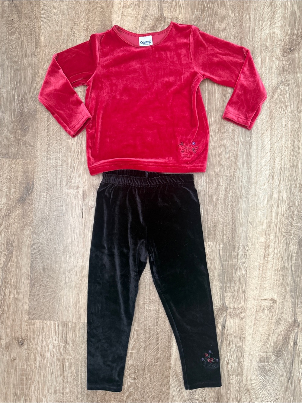 Girl’s OshKosh B'gosh Red Velvet Top with Black Velvet Pants Set